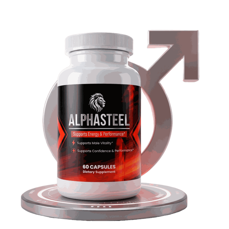 AlphaSteel bottle, 60 capsules, on a steel pedestal